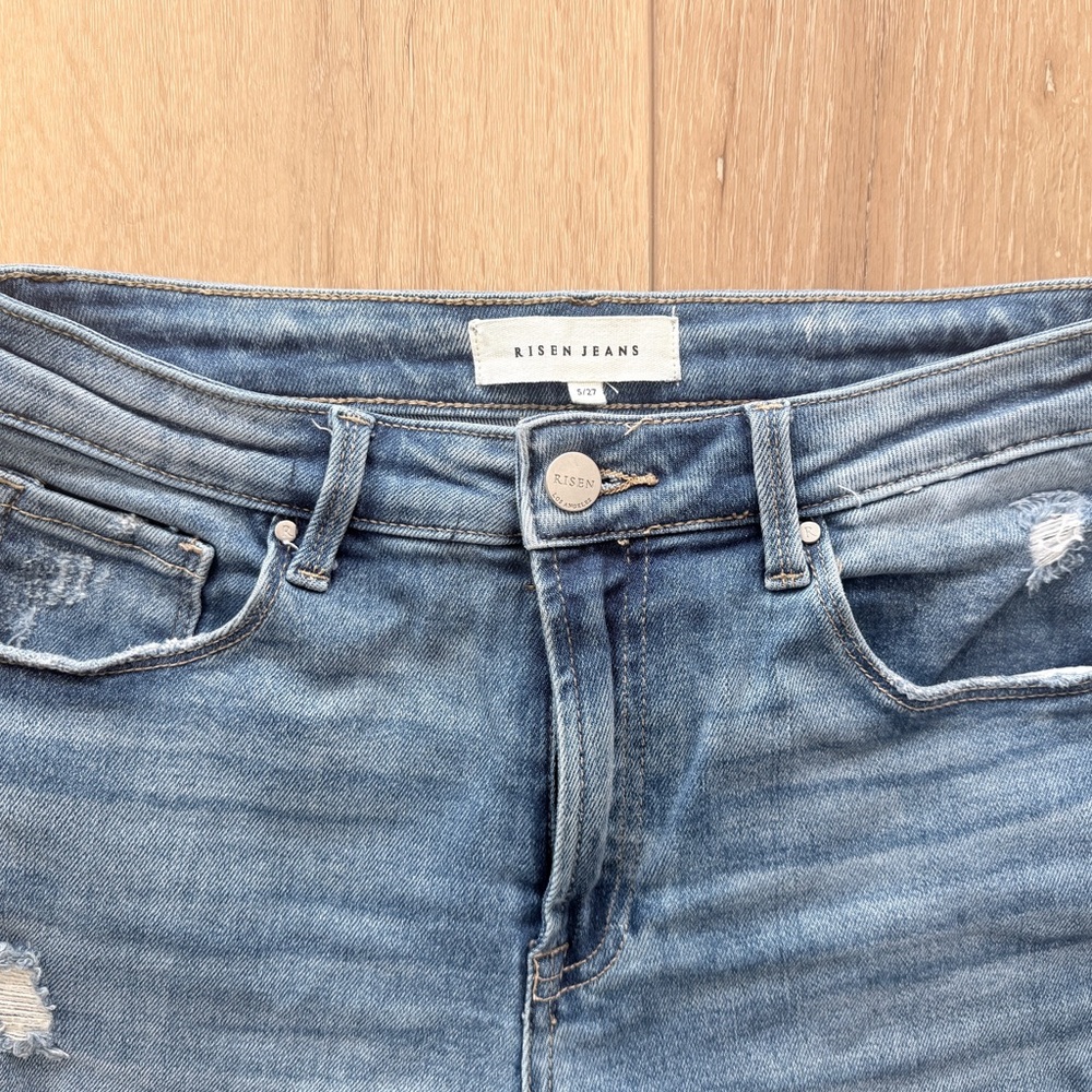 Risen wide leg jeans, distressed with raw edge hem, size 5/27 - Picture 3 of 7